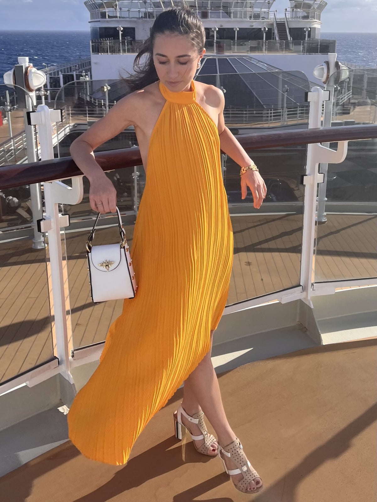 Bright Orange Pleated Halter Maxi Dress — Orange Dress
