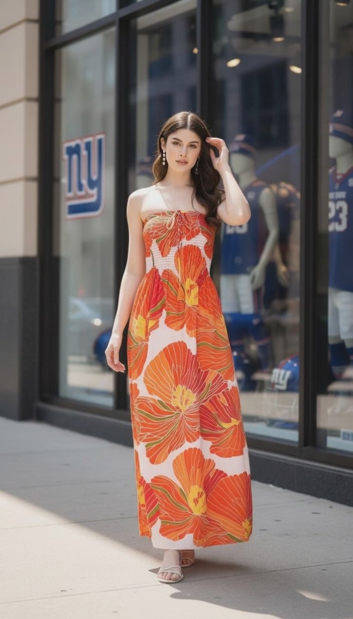 Orange Floral Print Strapless A-line Maxi Dress — Orange Dress