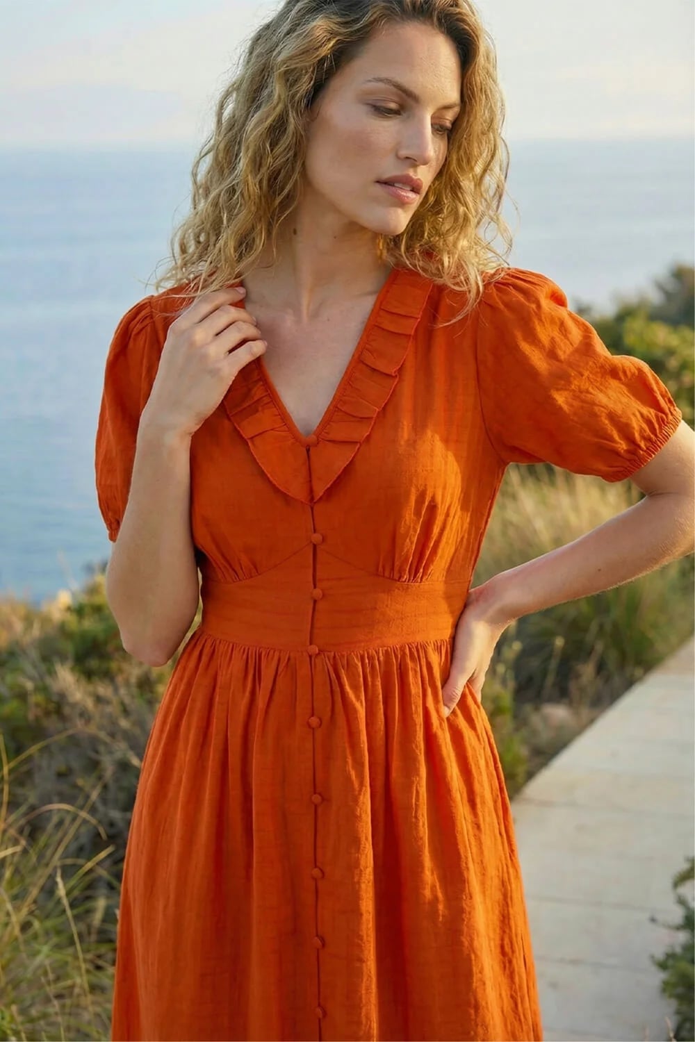 Burnt Orange Ruffled Collar Midi Dress — Orange Dress