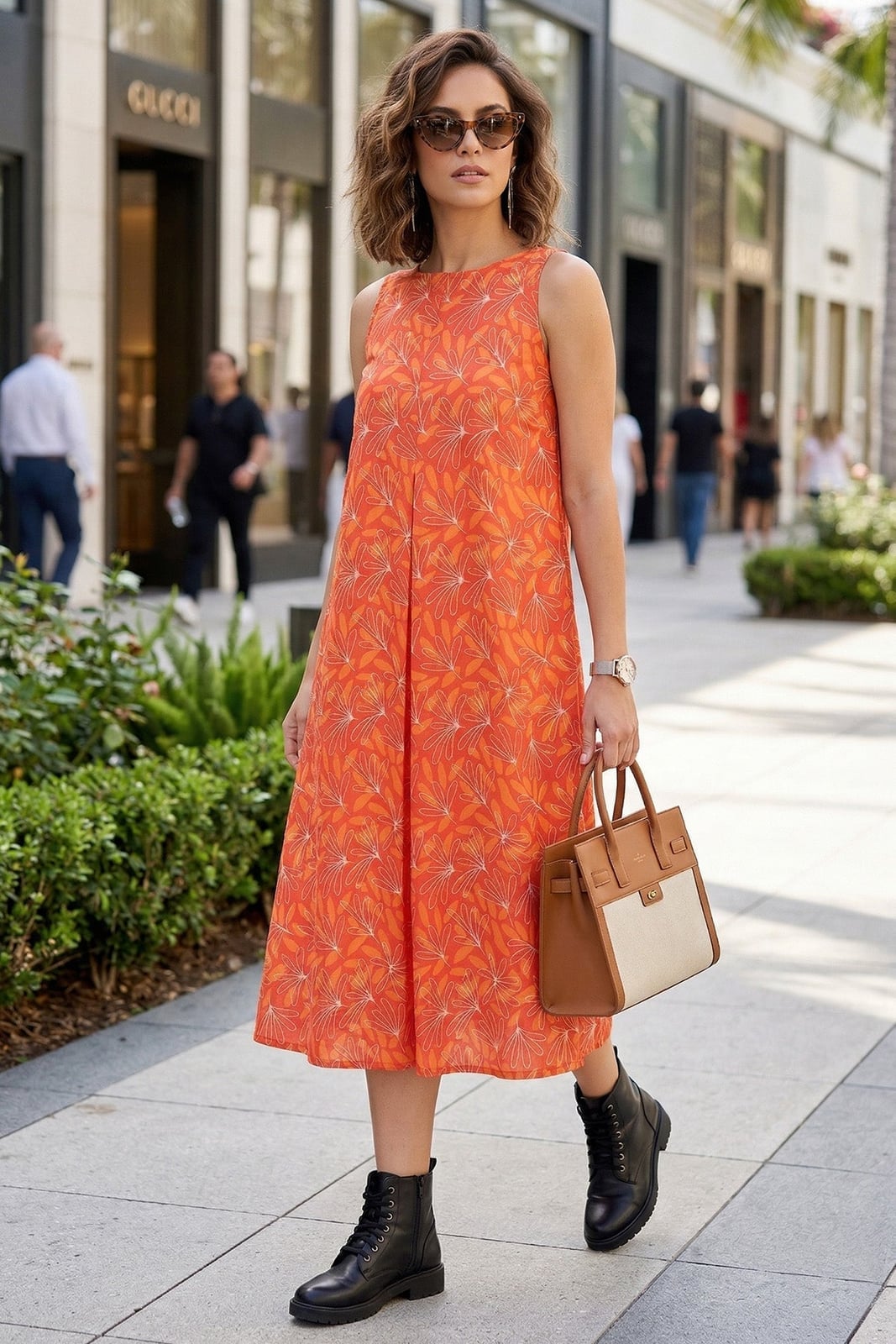Orange Leaf Print Midi Dress — Orange Dress