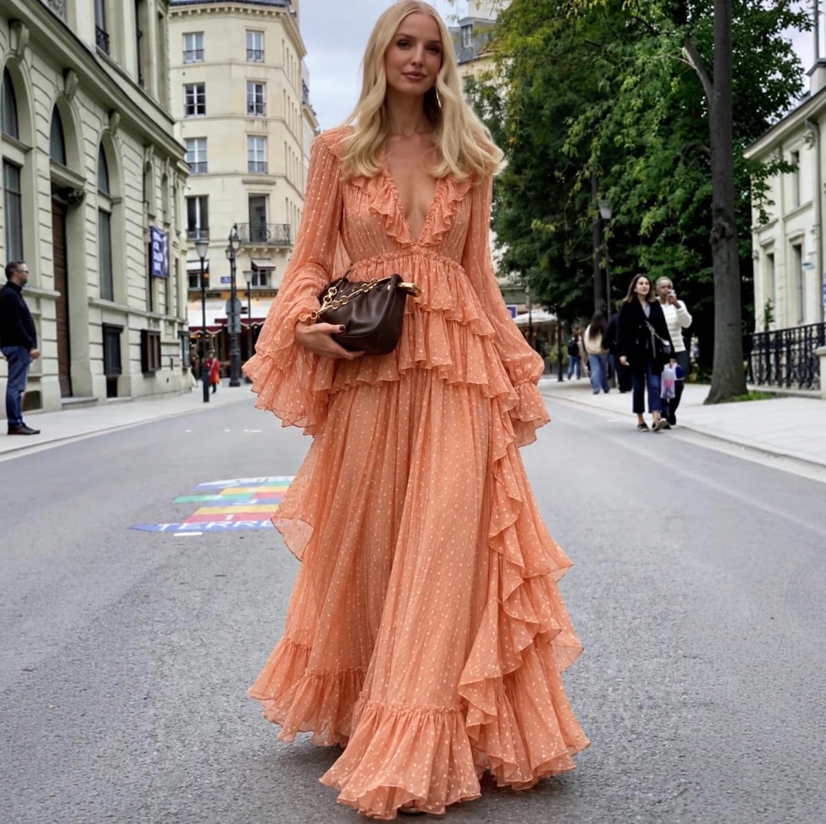 Peach Orange Long Sleeve Tiered Maxi Dress — Orange Dress