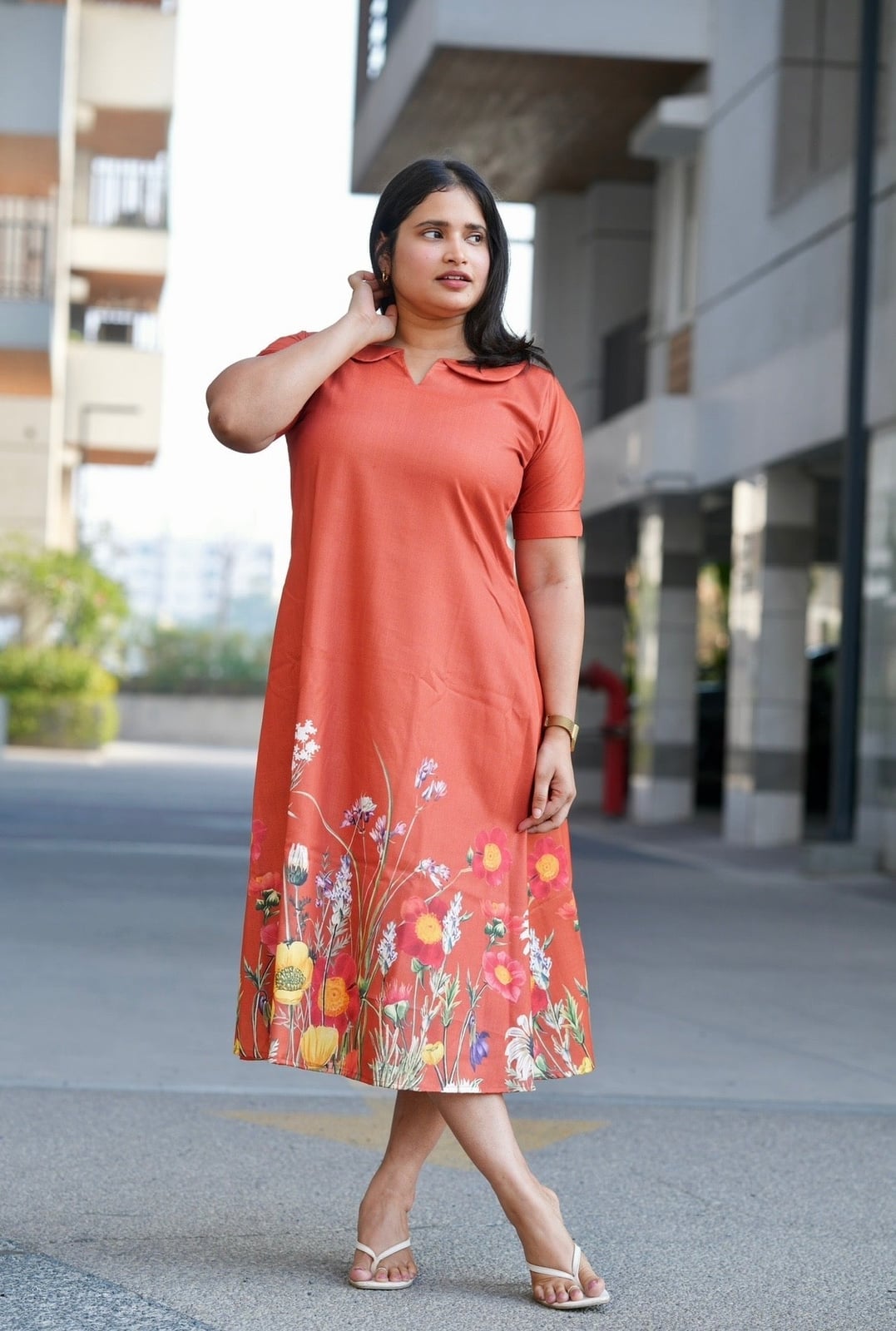 Peach Orange Floral Print Linen Blend Midi Dress — Orange Dress