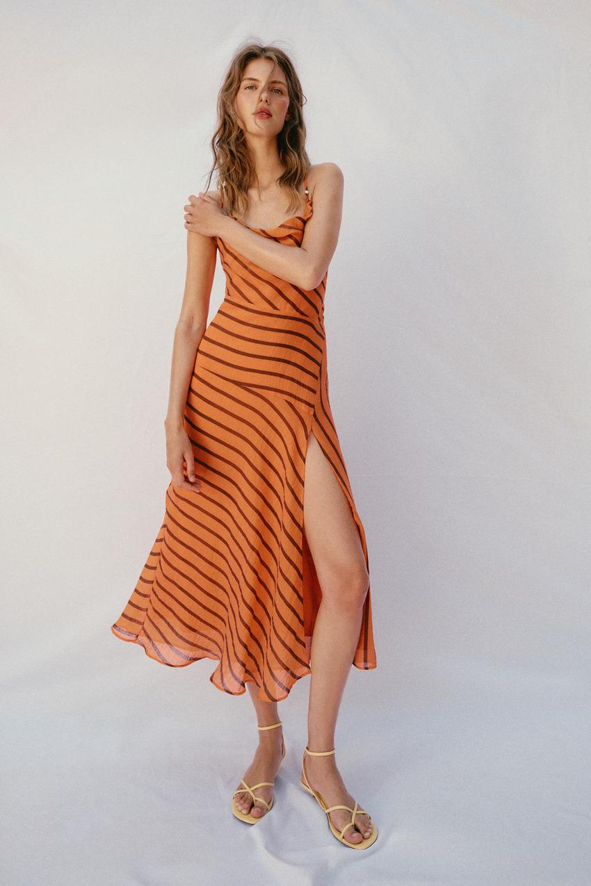 Orange Brown Stripe Strappy Midi Dress — Orange Dress