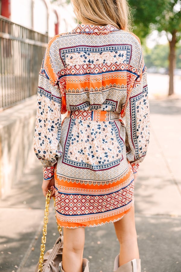 Orange Geometric Floral Print Mini Shirt Dress — Orange Dress