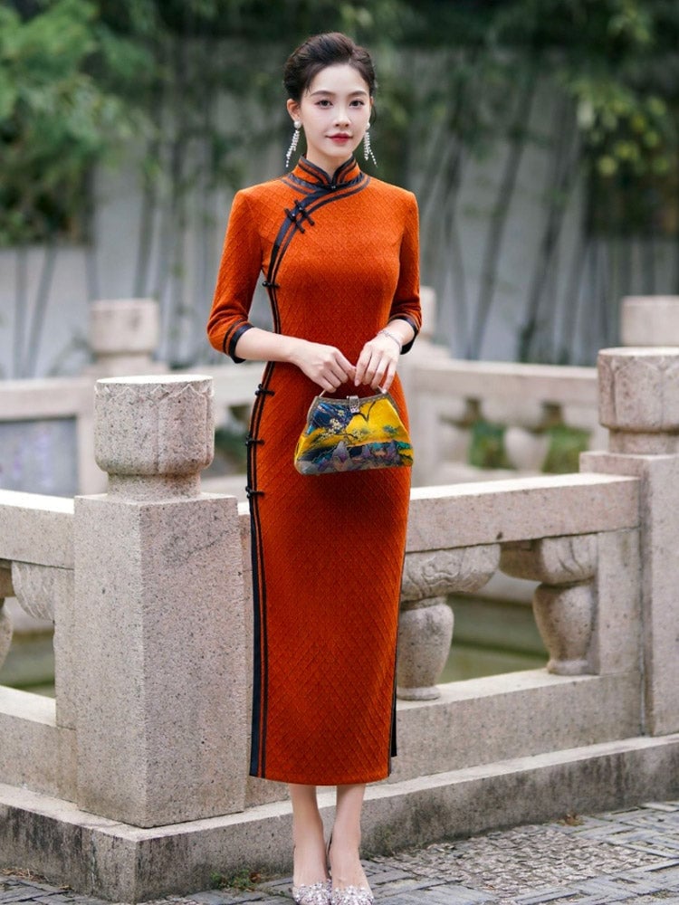 Burnt Orange Textured Cheongsam Dress — Orange Dress