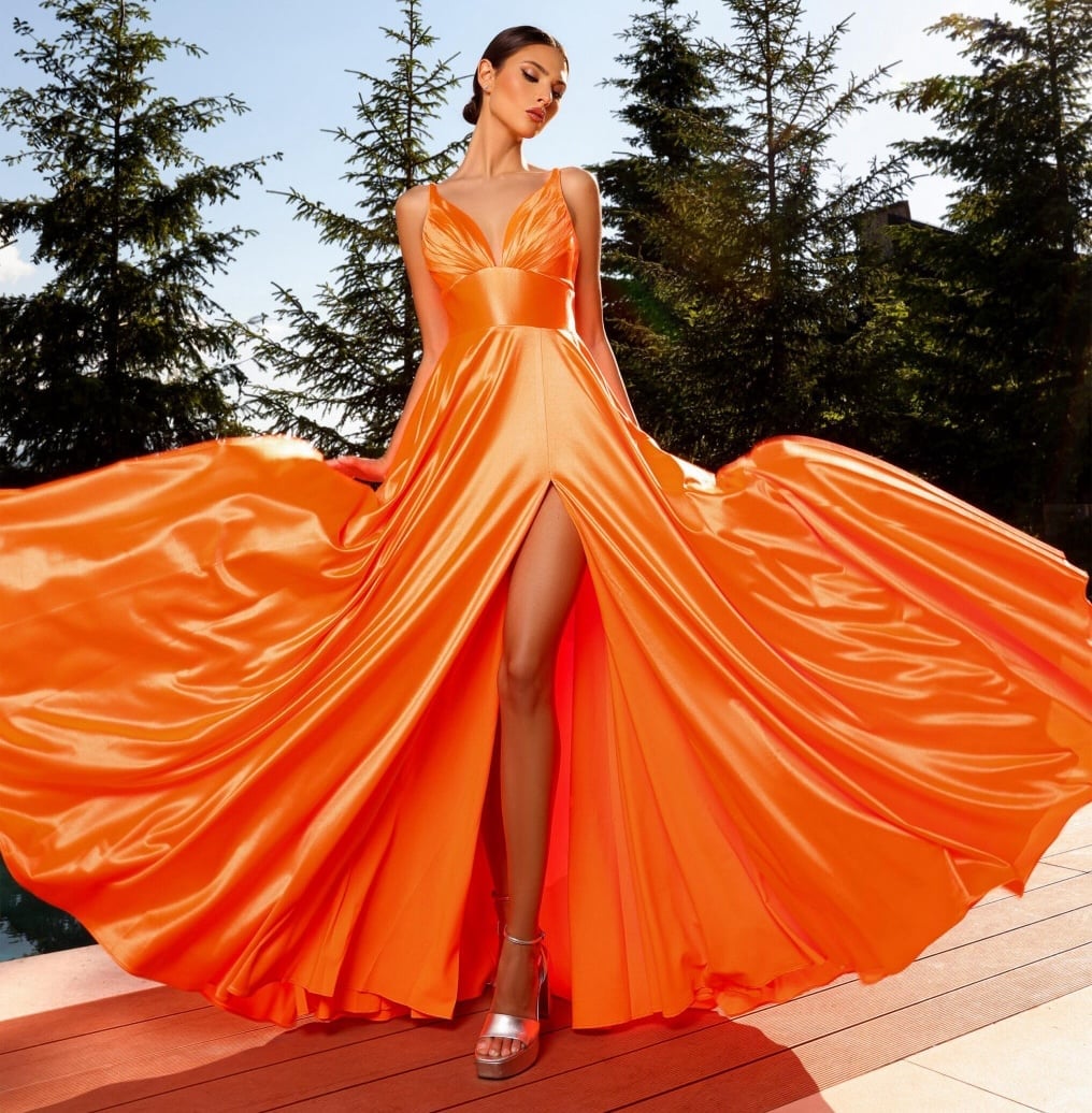 Neon Orange Satin A-line Gown — Orange Dress