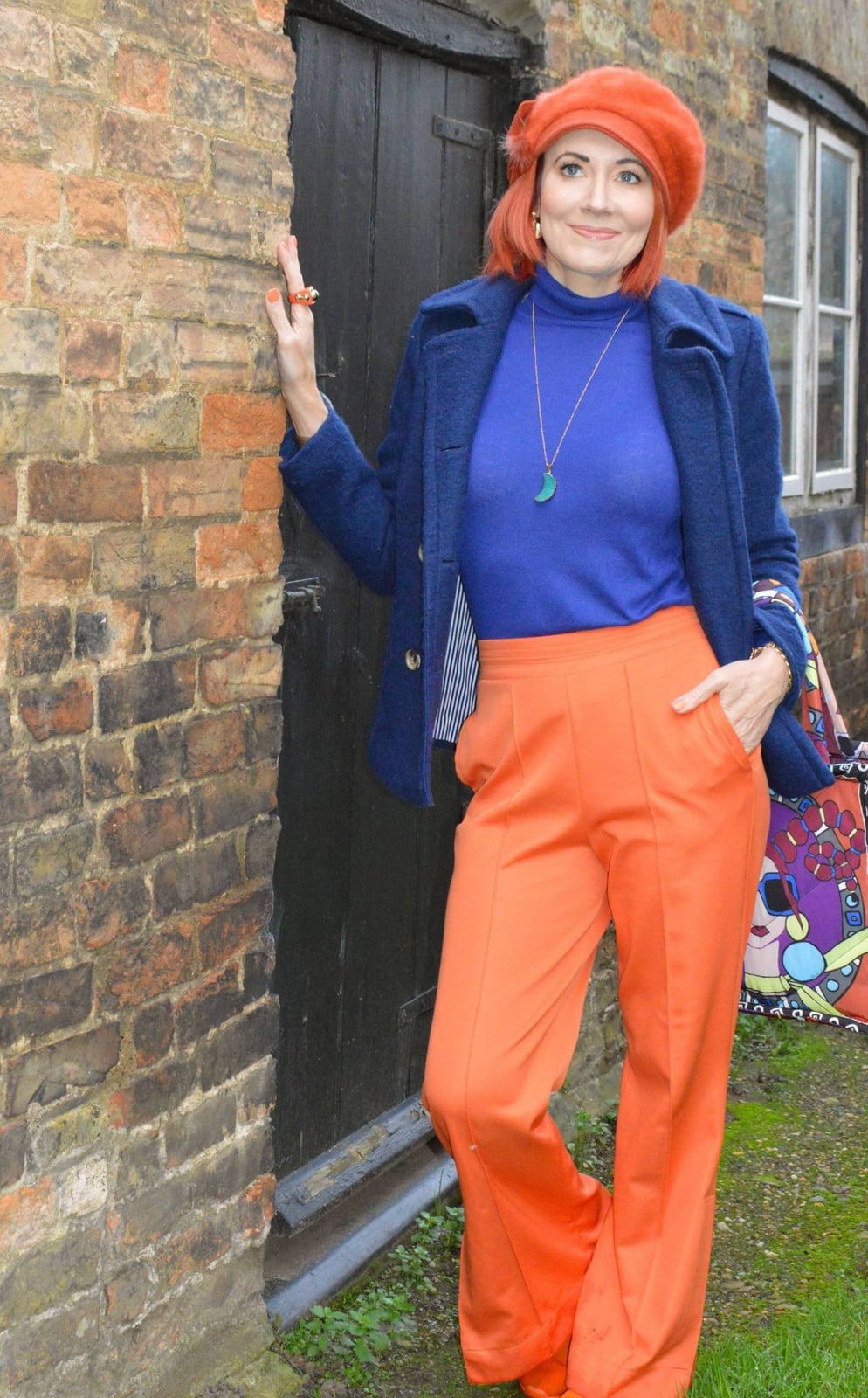 Bright Orange Pants with Blue Turtleneck and Jacket, Close-Up Take Bright Orange Pants with Blue Turtleneck and Jacket, Close-Up Take — Orange Outfits