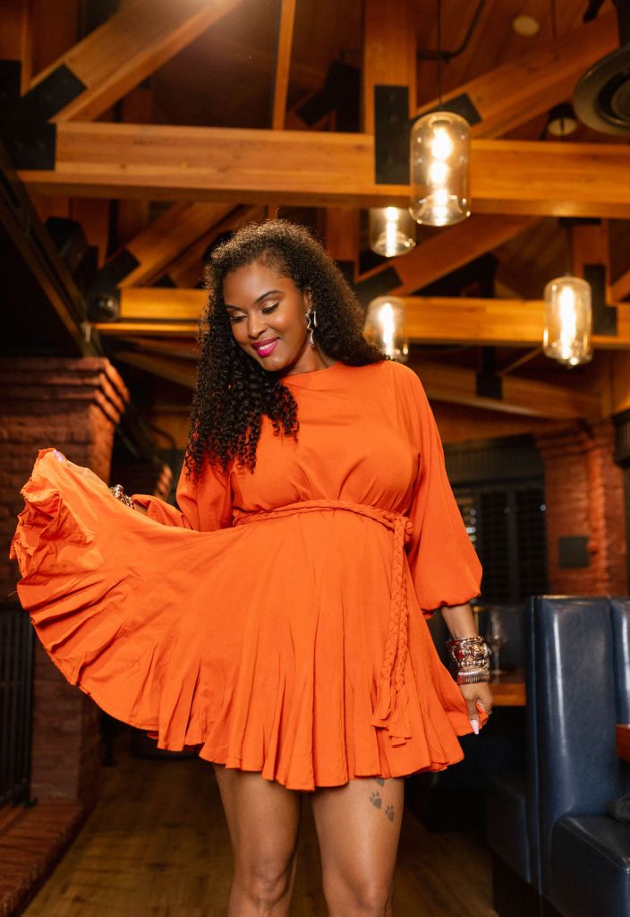 Vibrant Orange Fit-And-Flare Dress for Evenings, Close-Up Take Vibrant Orange Fit-And-Flare Dress for Evenings, Close-Up Take — Orange Outfits