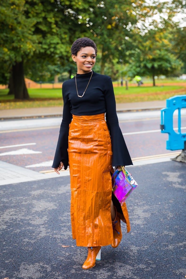 Orange Faux Leather Maxi Skirt with Black Turtleneck, Close-Up Take Orange Faux Leather Maxi Skirt with Black Turtleneck, Close-Up Take — Orange Outfits