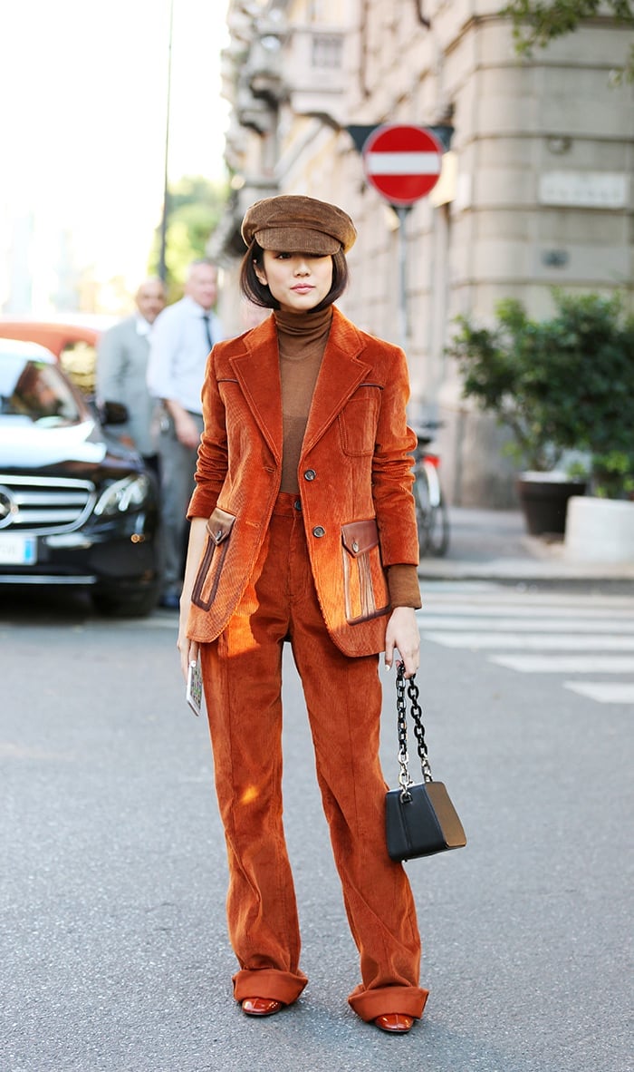 Rust Orange Corduroy Trousers With Brown Turtleneck, Close-Up Take — Orange Pants Outfits