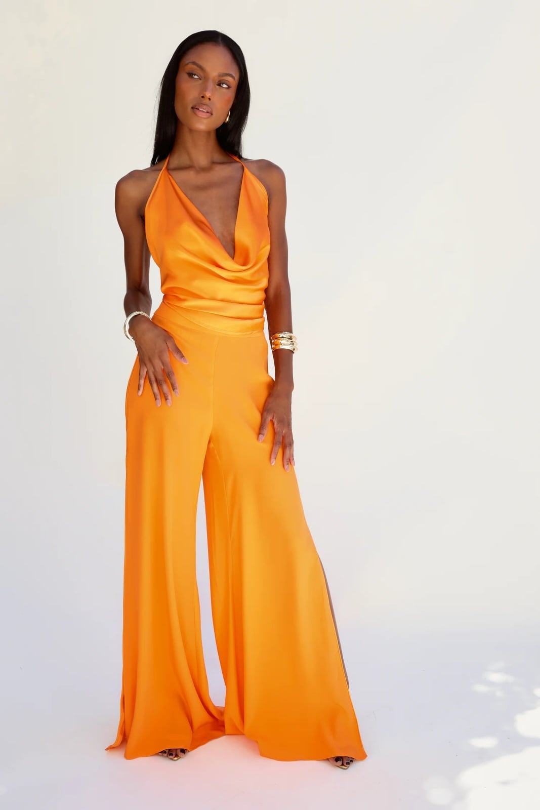 Bright Orange Satin Wide-Leg Trousers With Halter Top — Orange Pants Outfits
