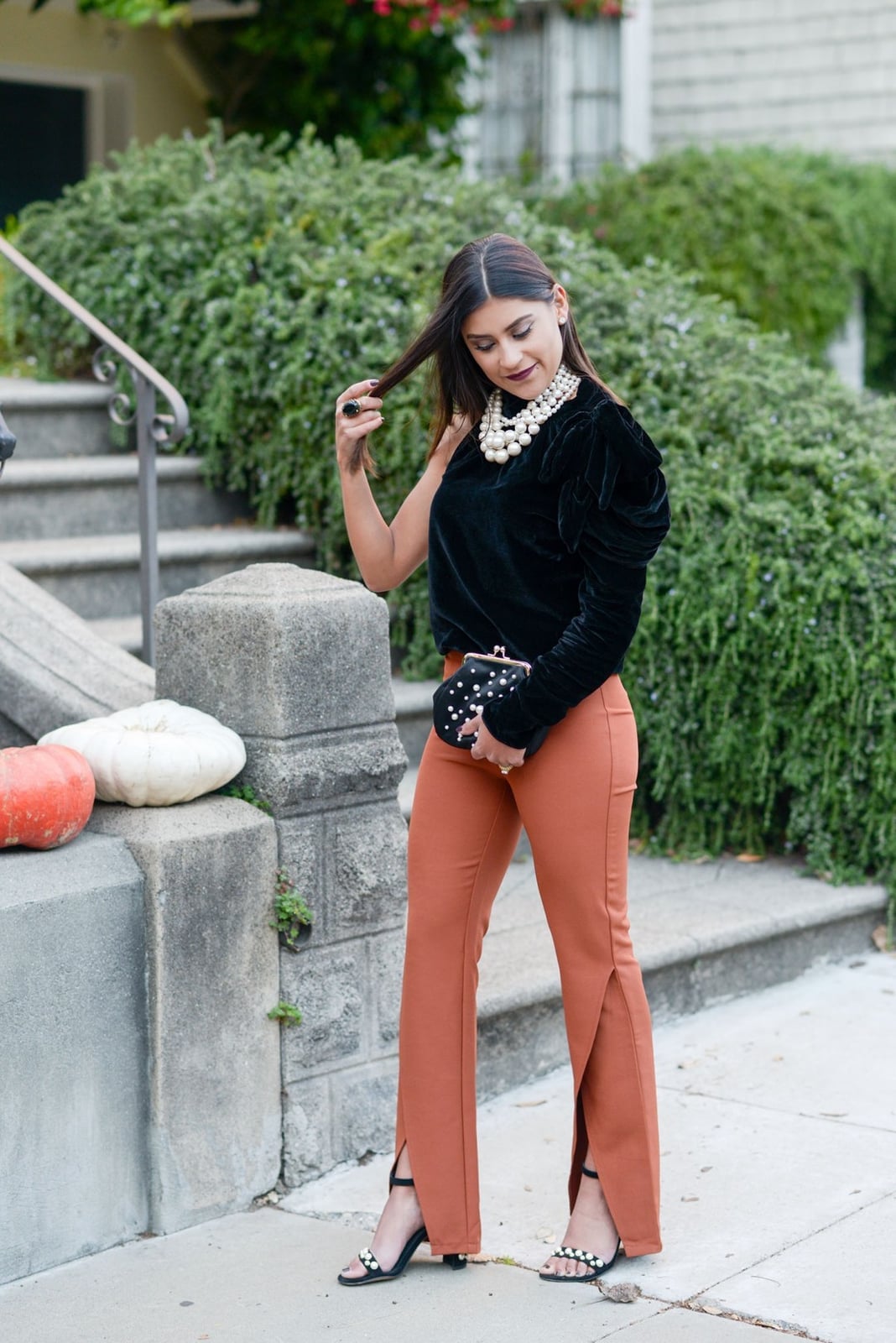 Burnt Orange Split-Hem Trousers With Velvet Top — Orange Pants Outfits