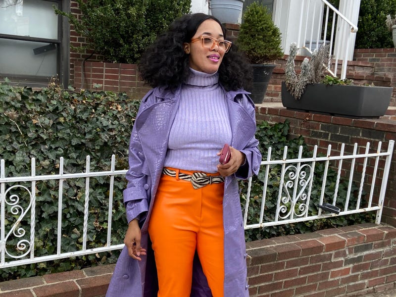 Orange Wide-Leg Trousers With Purple Trench Coat and Faux Leather — Orange Pants Outfits