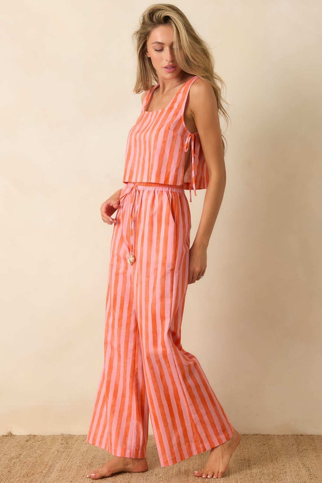 Orange Pink Striped Wide-Leg Trousers With Crop Top — Orange Pants Outfits