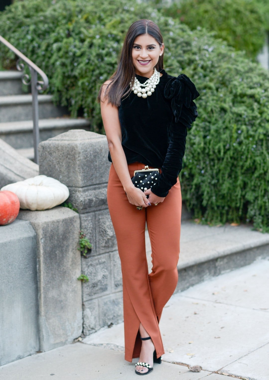 Burnt Orange Crepe Trousers With Ruffled Sleeve Top — Orange Pants Outfits