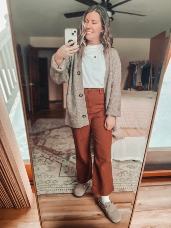 Burnt Orange Wide-Leg Pants With Knit Cardigan — Orange Pants Outfits