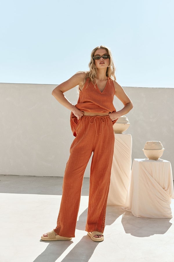 Burnt Orange Linen Pants With Lace Trim — Orange Pants Outfits