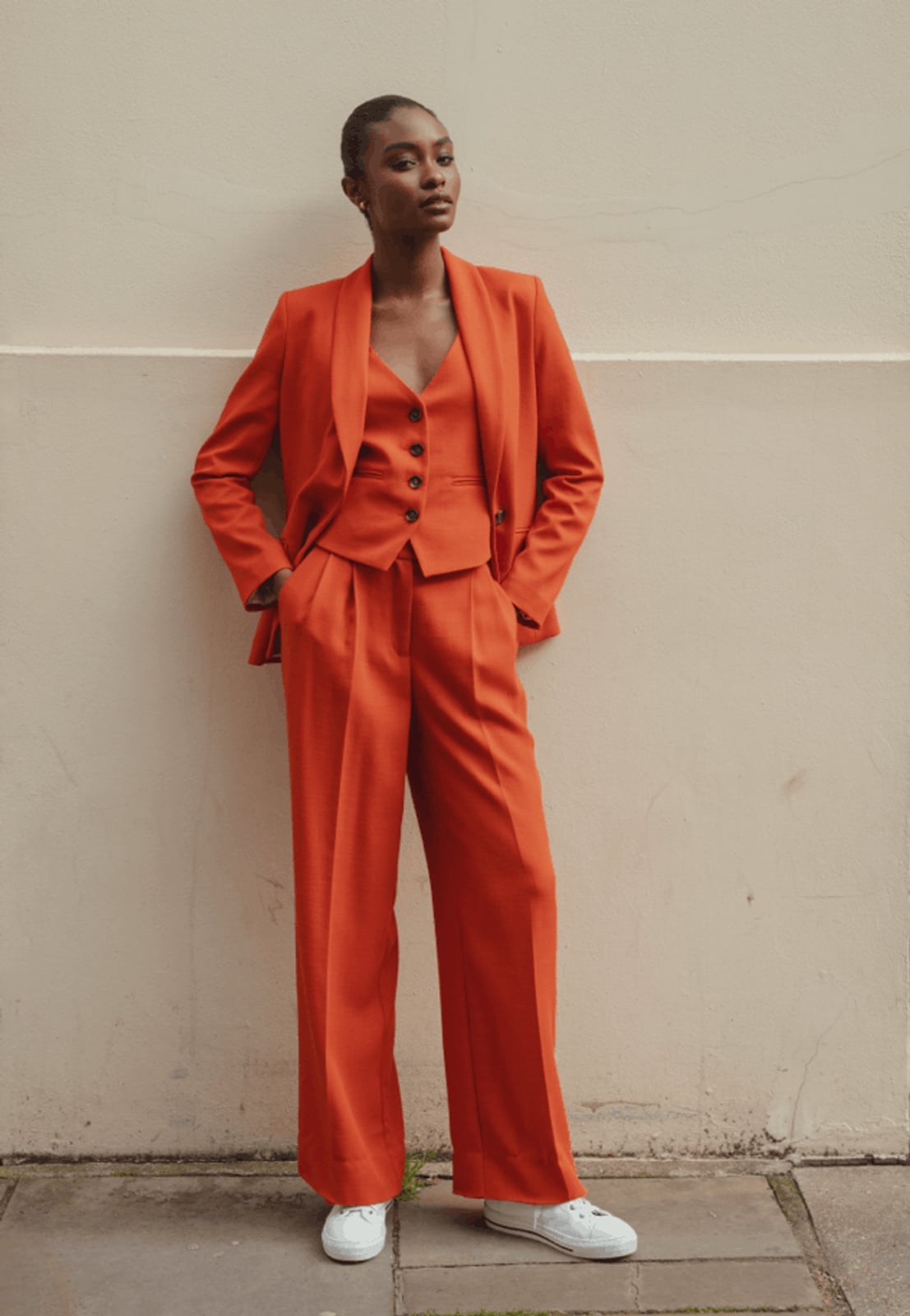 Orange Wide-Leg Trousers With Matching Blazer, Close-Up Take — Orange Pants Outfits