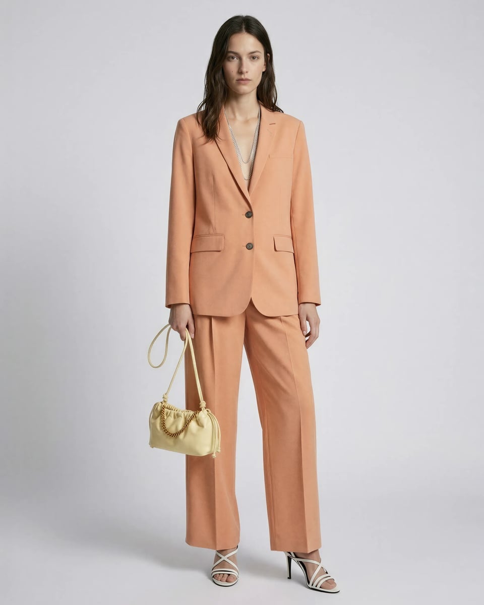 Light Peach Orange Tailored Pants With Oversized Blazer, Close-Up Take — Orange Pants Outfits