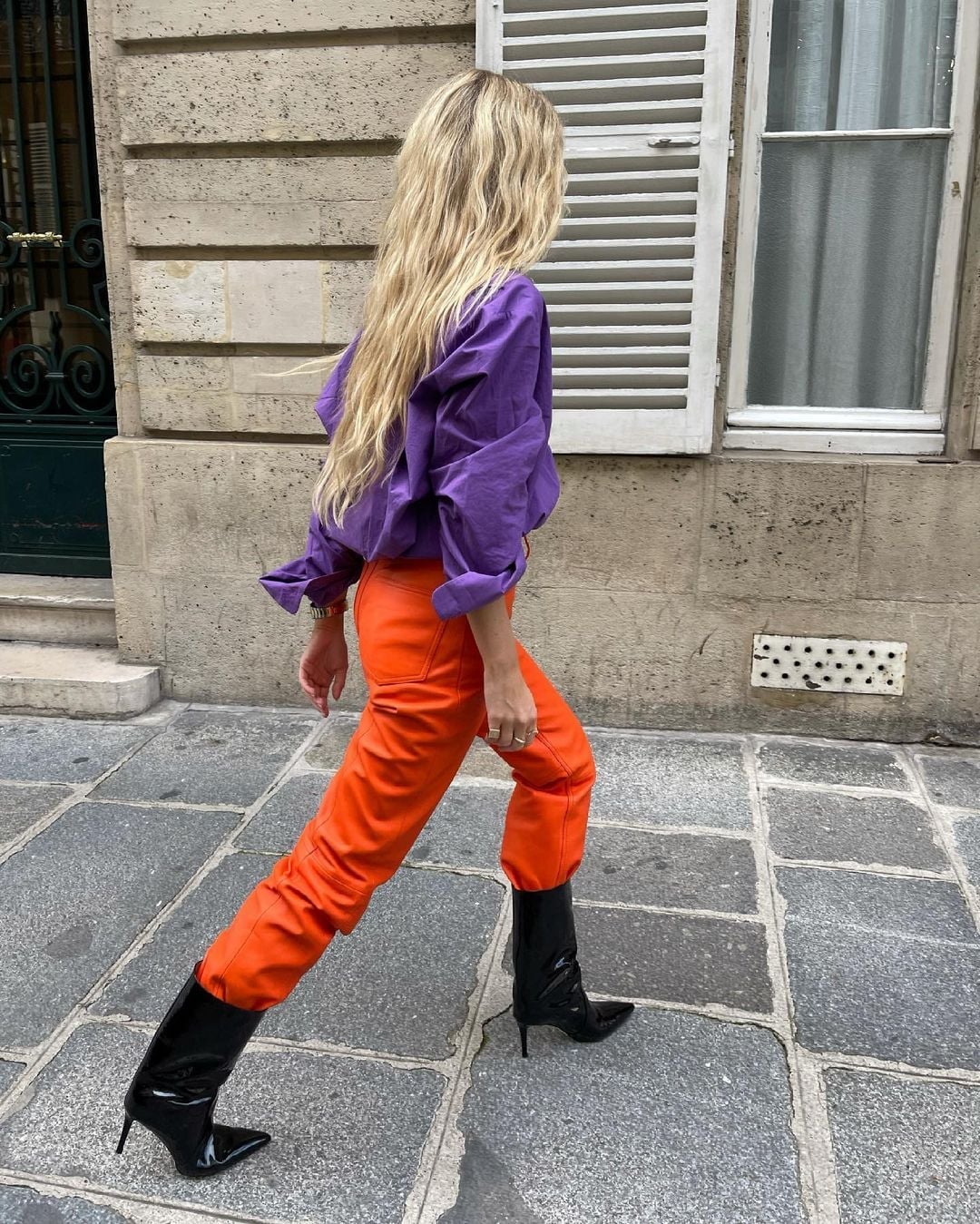 Orange Leather Pants With Purple Oversized Shirt — Orange Pants Outfits