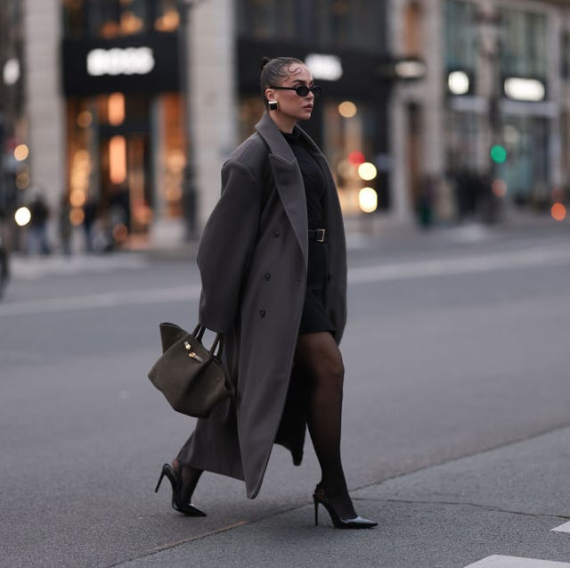 Sheer Black Tights with a Mini Dress and Oversized Coat Sheer Black Tights with a Mini Dress and Oversized Coat — Outfits with Tights