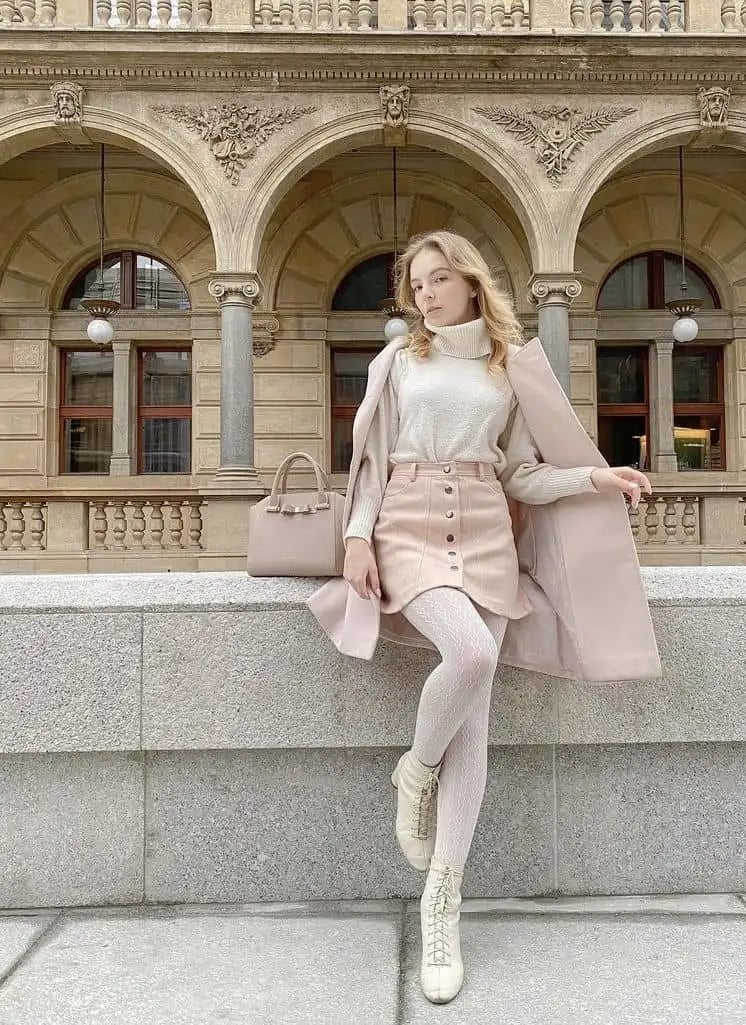 White Patterned Tights with a Pink Coat White Patterned Tights with a Pink Coat — Outfits with Tights