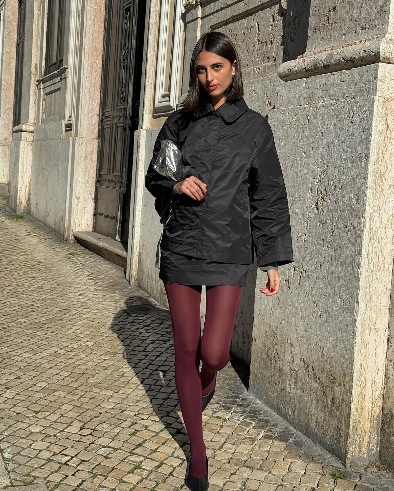 Burgundy Semi-Sheer Tights with a Leather Mini Skirt Burgundy Semi-Sheer Tights with a Leather Mini Skirt — Outfits with Tights