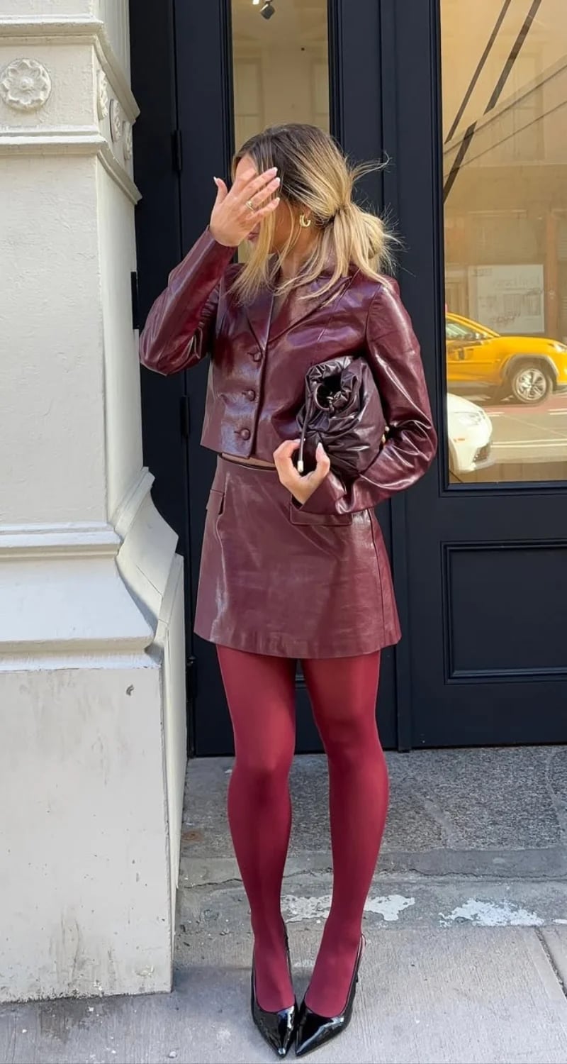 Burgundy Tights with a Leather Mini Skirt Suit Burgundy Tights with a Leather Mini Skirt Suit — Outfits with Tights