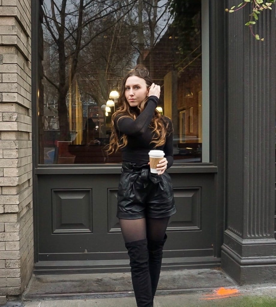 Sheer Black Tights with Faux Leather Shorts Sheer Black Tights with Faux Leather Shorts — Outfits with Tights