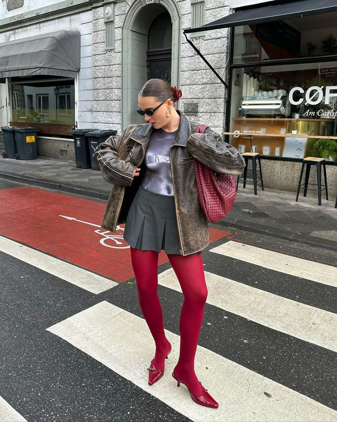 Bright Red Tights with a Leather Jacket Bright Red Tights with a Leather Jacket — Outfits with Tights