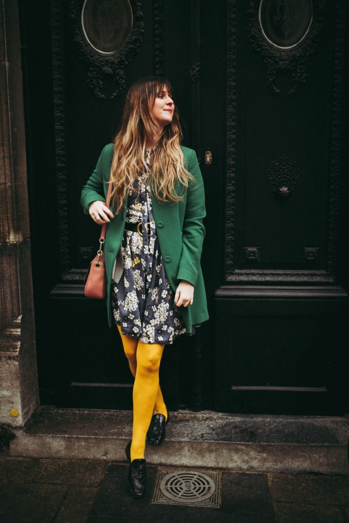 Bright Yellow Tights with a Floral Dress Bright Yellow Tights with a Floral Dress — Outfits with Tights
