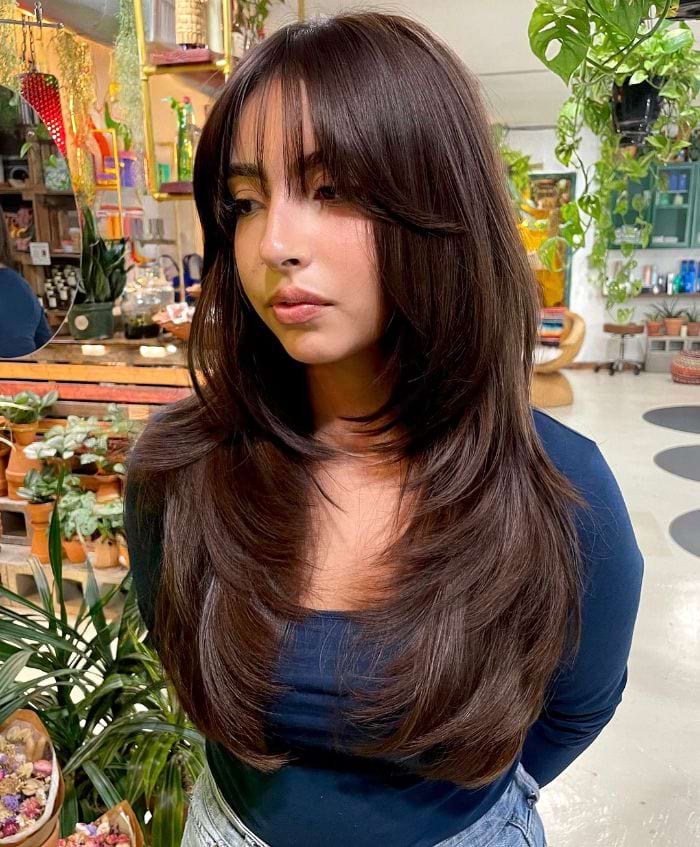 Mid-Back Long Layers With Curtain Bangs Blowout, Dark Brown — Oval Face Haircuts