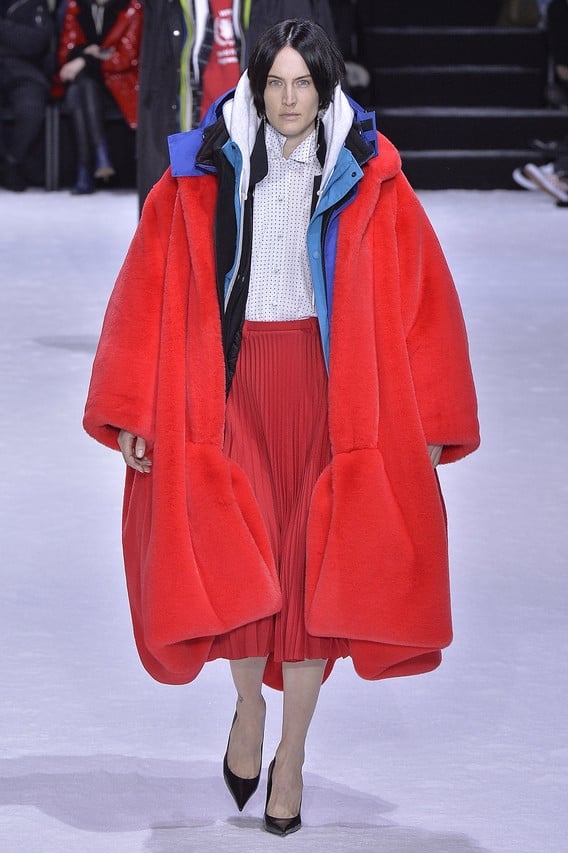 Extreme Oversize Red Faux Fur Coat with Pleated Skirt — Oversize Outfits