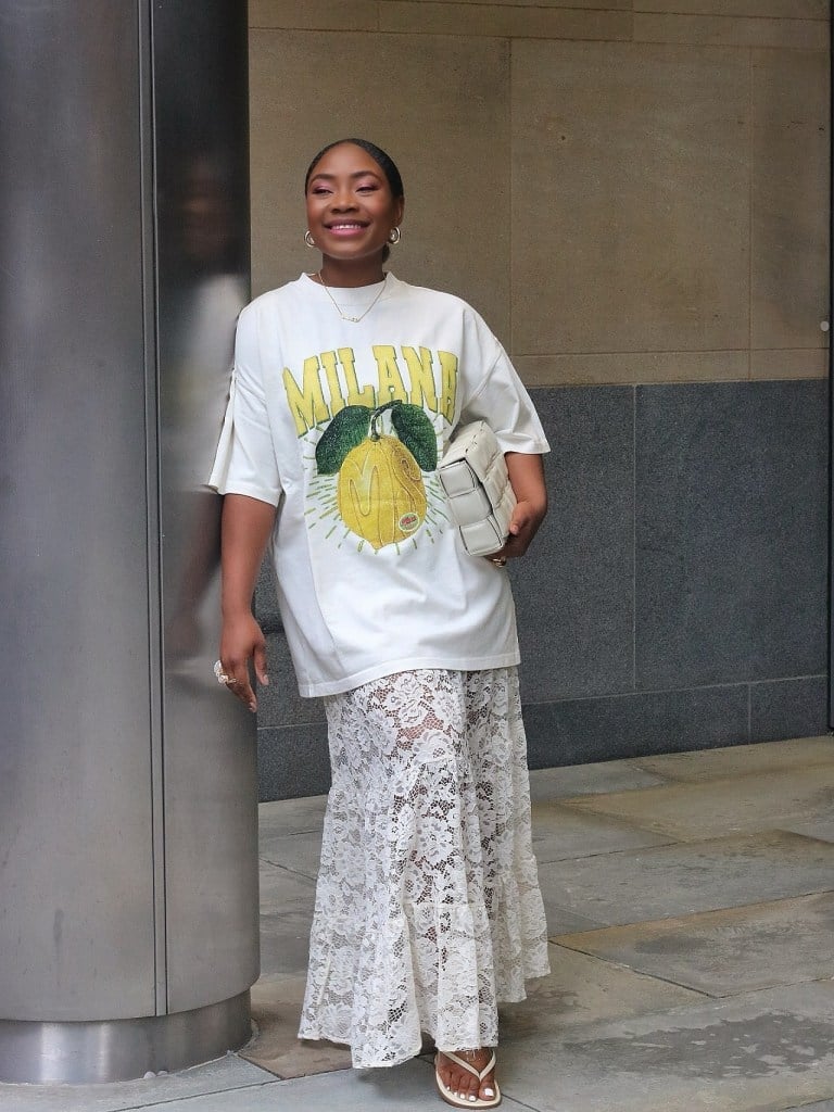 Oversized Graphic T-Shirt with Lace Maxi Skirt and White Thong Sandals — Oversize Outfits