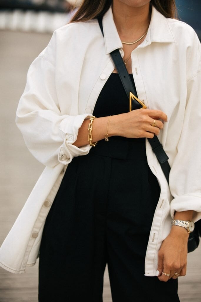 Oversized White Denim Shirt Over Black Jumpsuit — Oversize Outfits