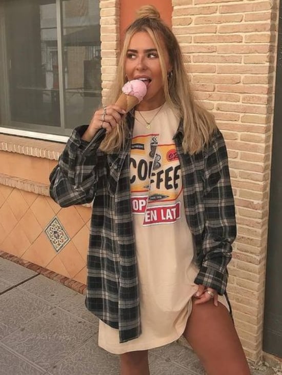 Oversized Graphic T-Shirt Dress with Plaid Shirt — Oversize Outfits