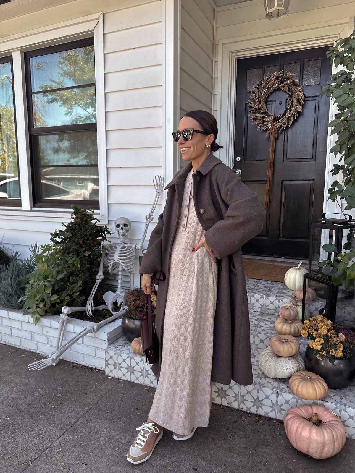 Long Brown Oversized Coat Over Knit Dress — Oversize Outfits