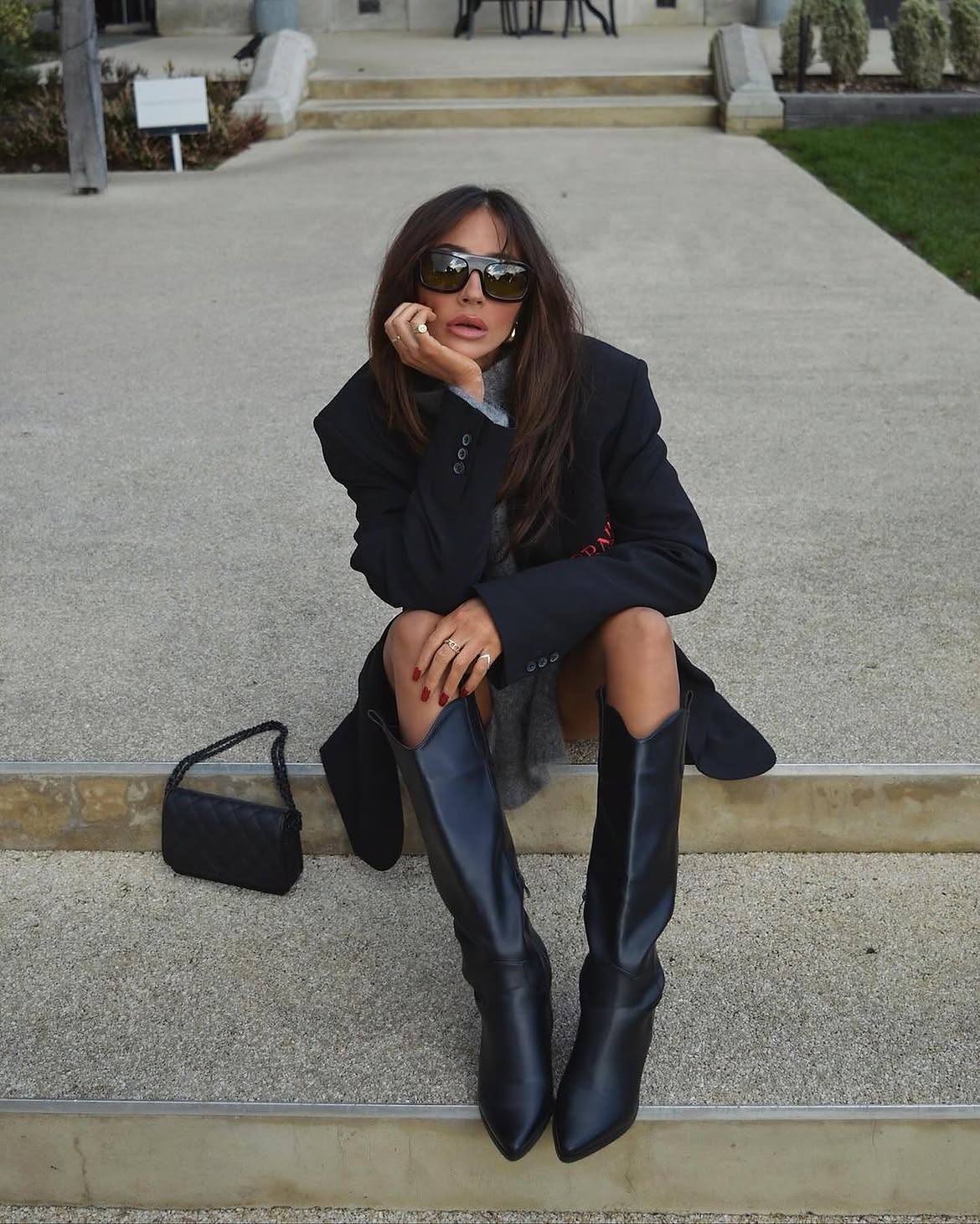 Oversized Black Blazer And Knee High Boots
