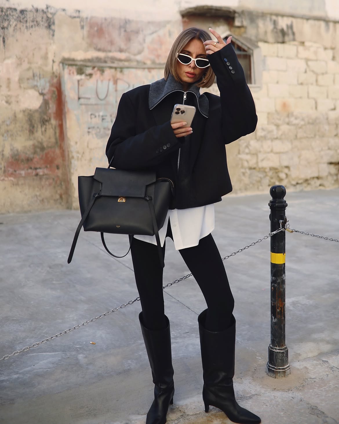 Oversized Black Blazer With Knee High Boots