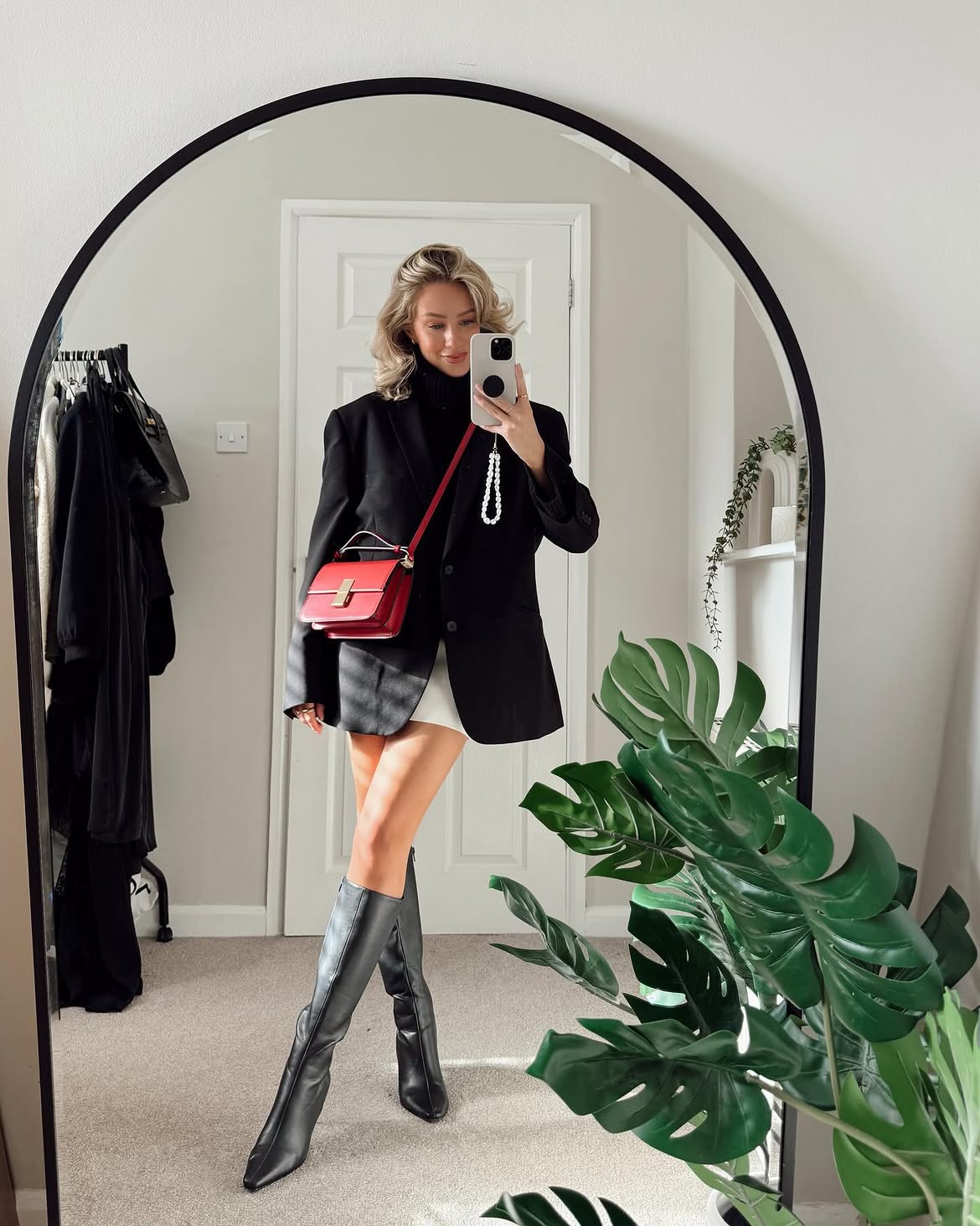 Oversized Black Blazer With Red Crossbody Bag And Knee High Boots
