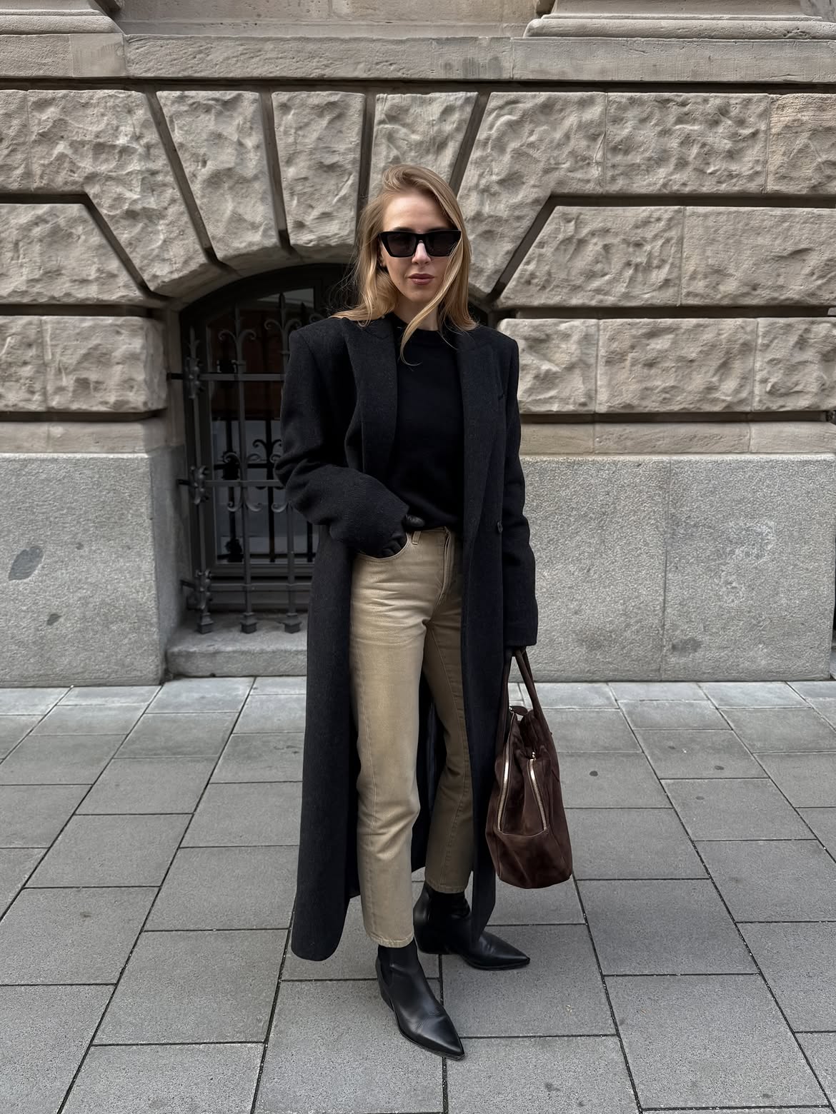 Oversized Black Coat With Beige Straight Leg Jeans