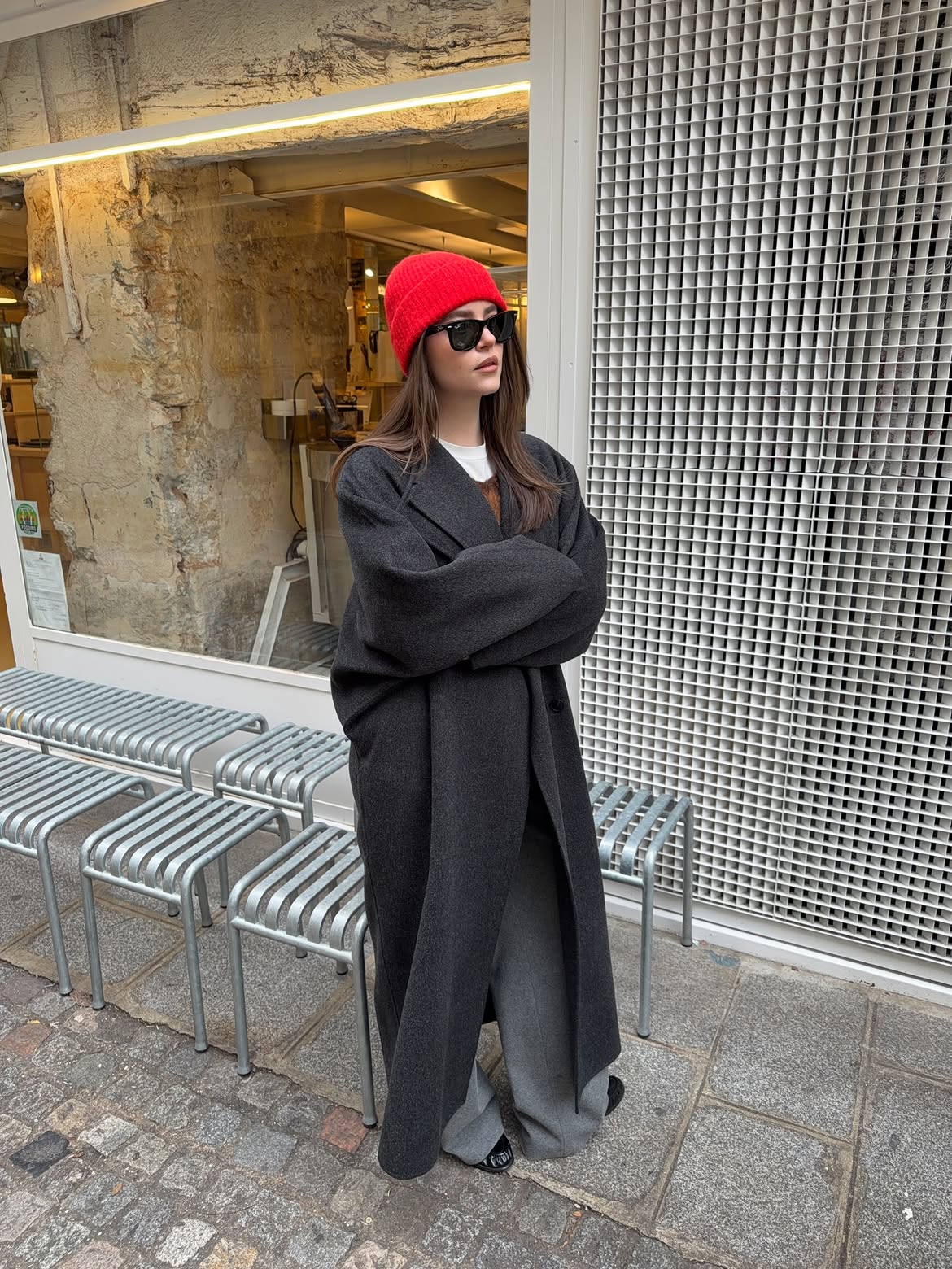 Oversized Charcoal Wool Coat With Red Beanie