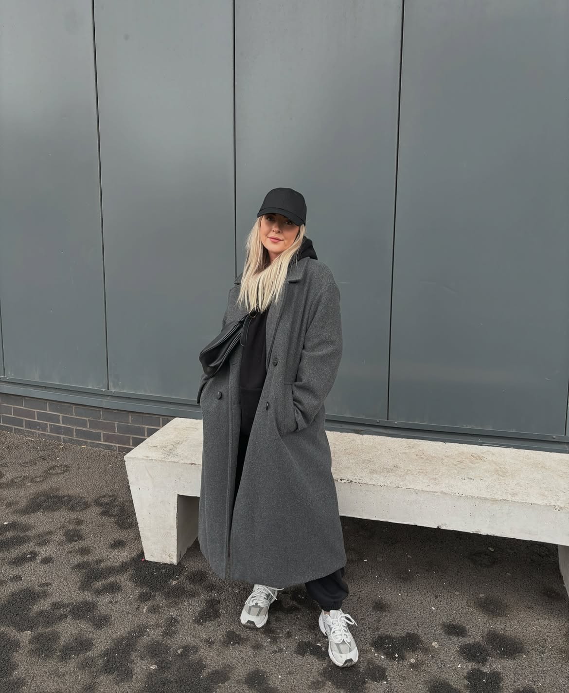 Oversized Grey Coat With Black Hoodie And Sneakers