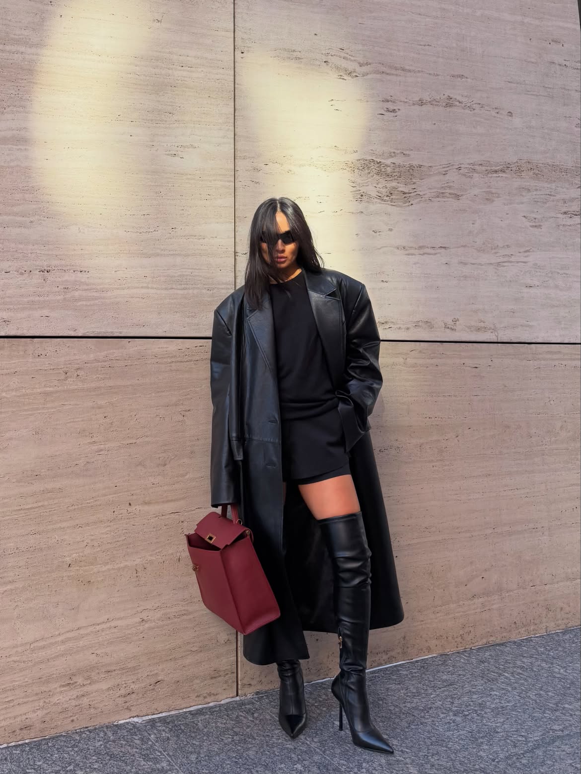 Oversized Leather Trench Coat With Stiletto Knee High Boots