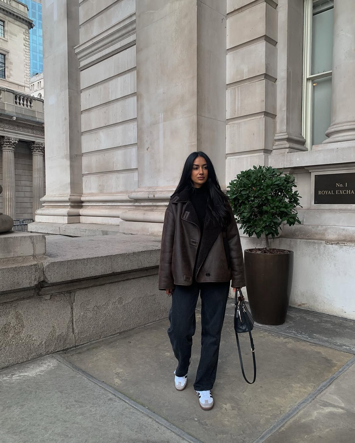 Oversized Shearling Leather Jacket With Straight Leg Denim