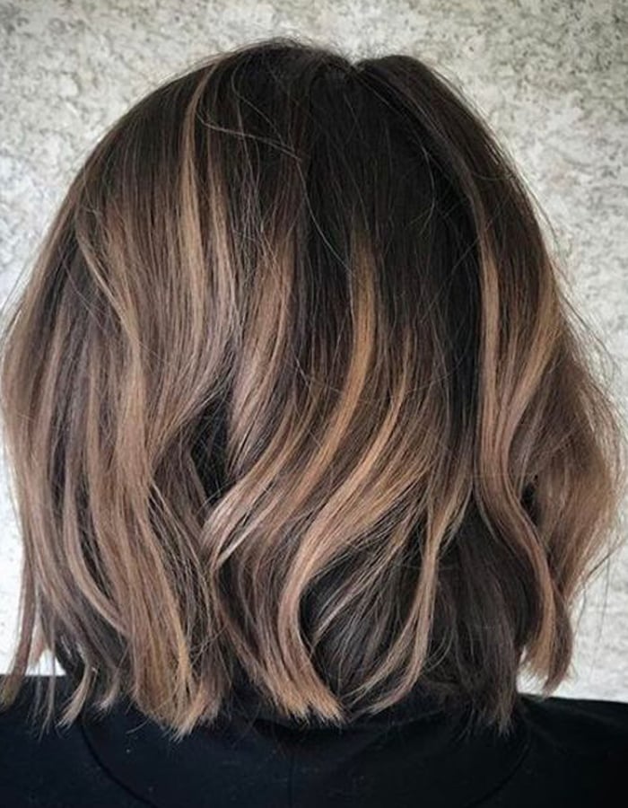 Dark Brown Bob With Caramel Highlights, Collarbone — Partial Highlights