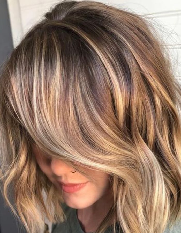 Dark Brown With Blonde Highlights Collarbone Lob, Wavy — Partial Highlights