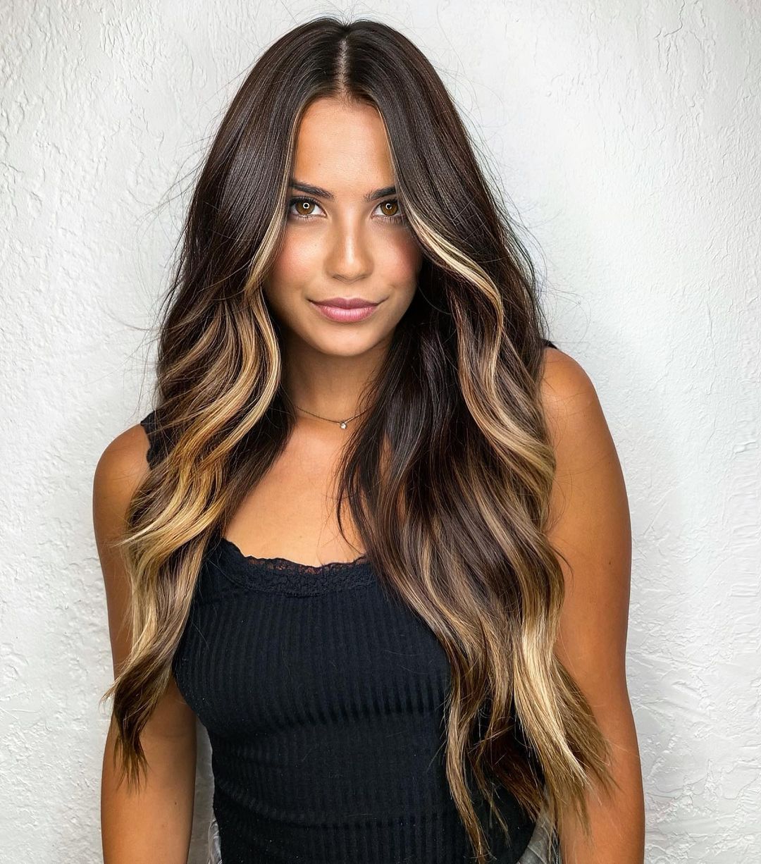 Ash Blonde Highlights On Dark Brown Mid-Back Hair — Partial Highlights