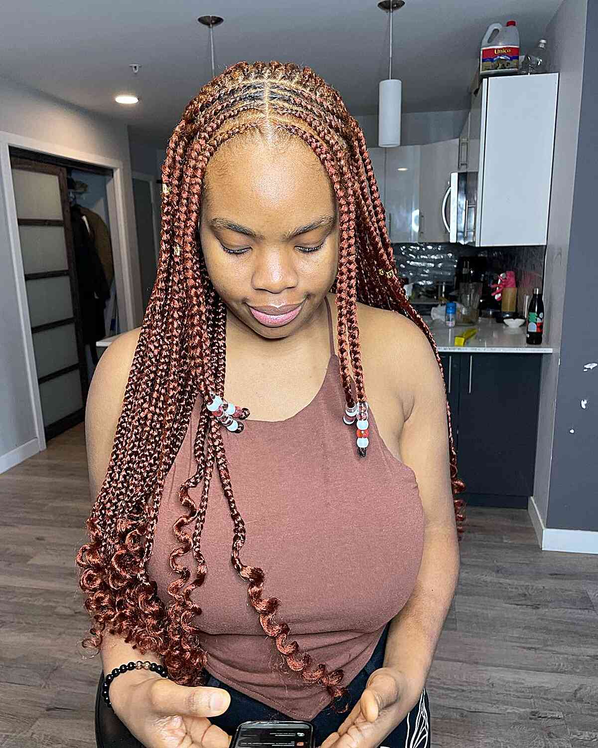 Brown Box Braids With Wavy Ends Brown Box Braids With Wavy Ends — Parts Braids