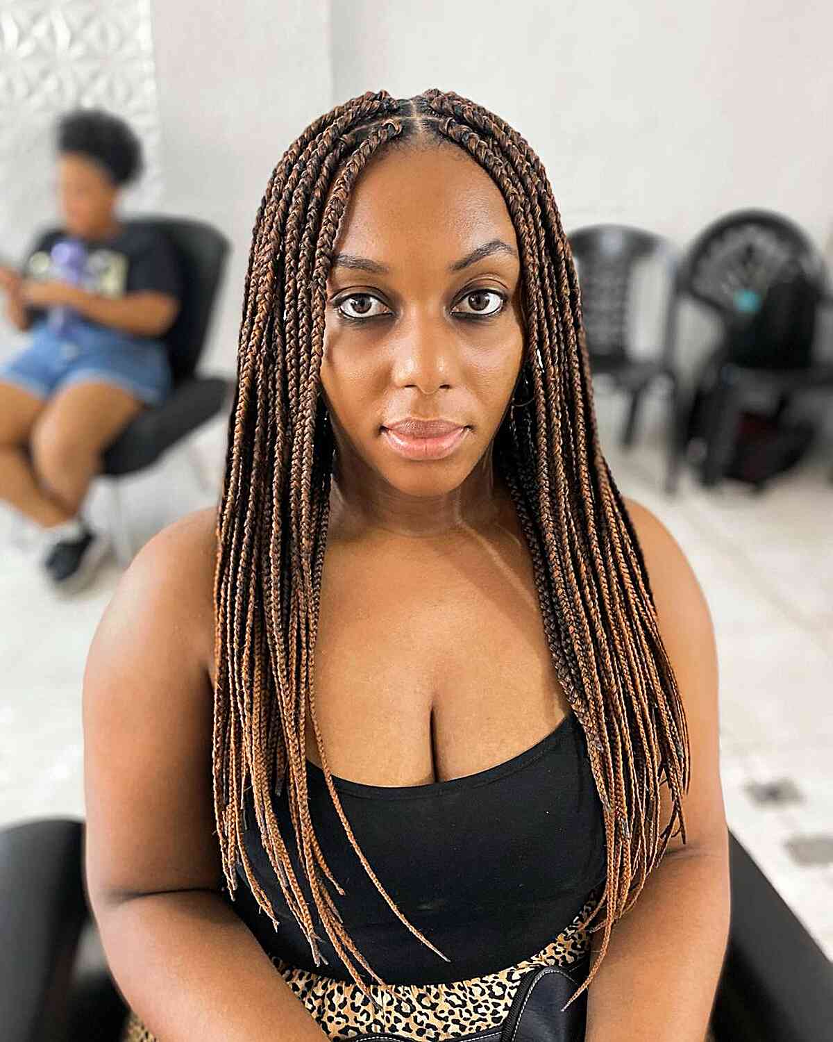 Brown Box Braids With Lighter Brown Ends, Mid-Back Brown Box Braids With Lighter Brown Ends, Mid-Back — Parts Braids